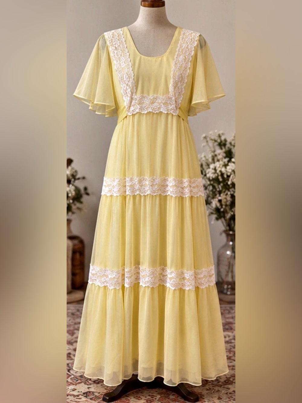 Vintage 1970s Butter Yellow Lace Prairie Maxi Dress Sheer Flutter Sleeves
